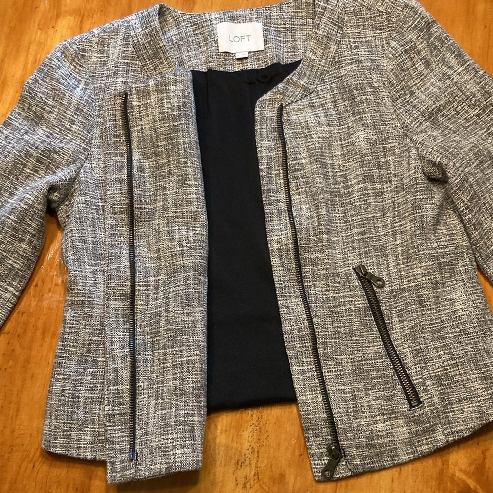 Ann Taylor LOFT Womens Black White Tweed Moto Jacket Size 6 Zip Front Cropped - Picture 7 of 11